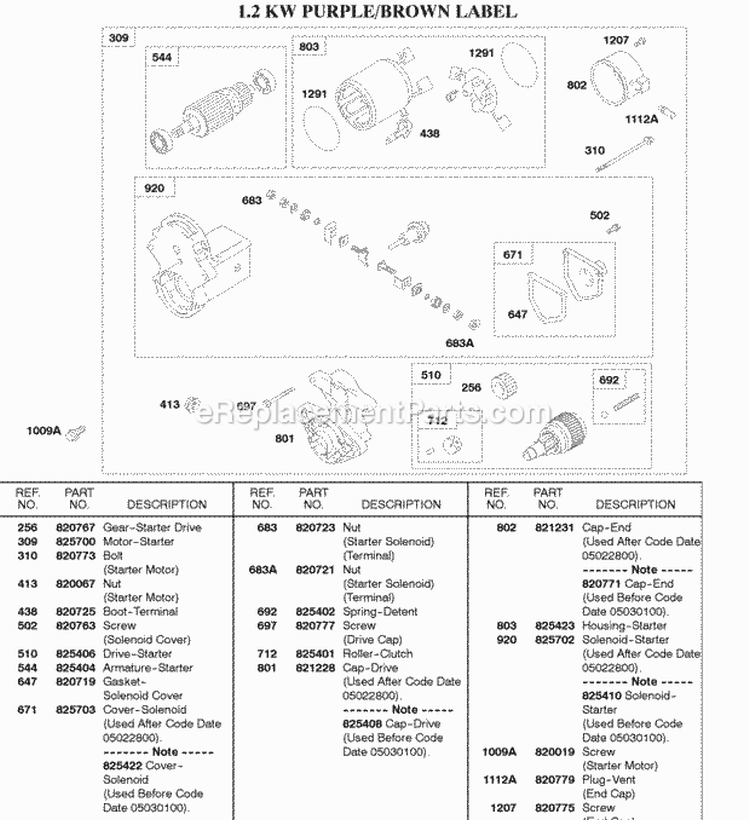 12 Kw Starter Motor PurpleBrown Label Diagram and Parts List for 58A447-0234-99  Briggs and Stratton Engine